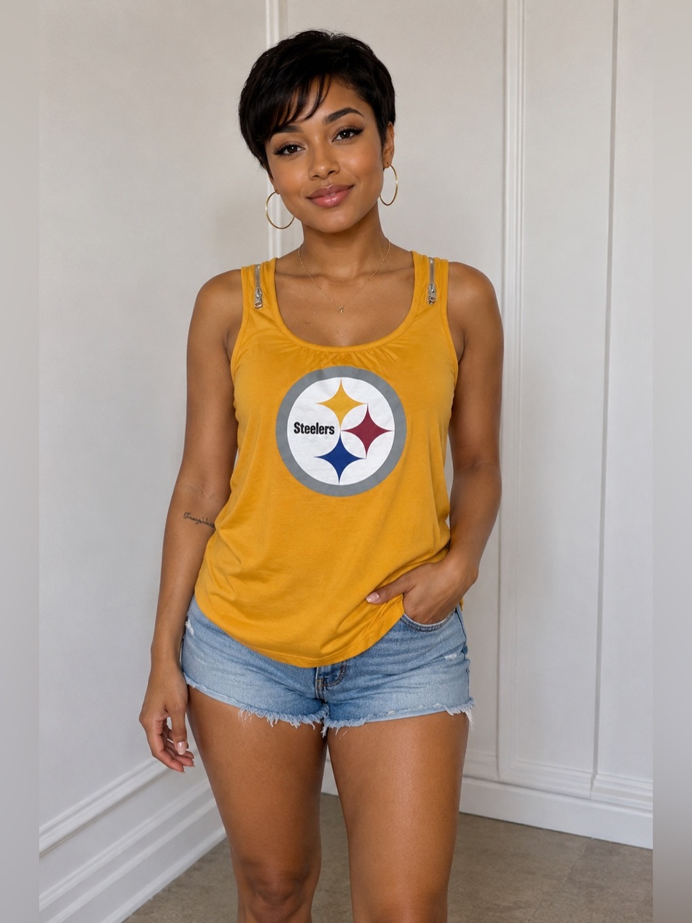 Pittsburgh Steelers zipper accent Yellow tie Back Sleeveless Tank Top size M